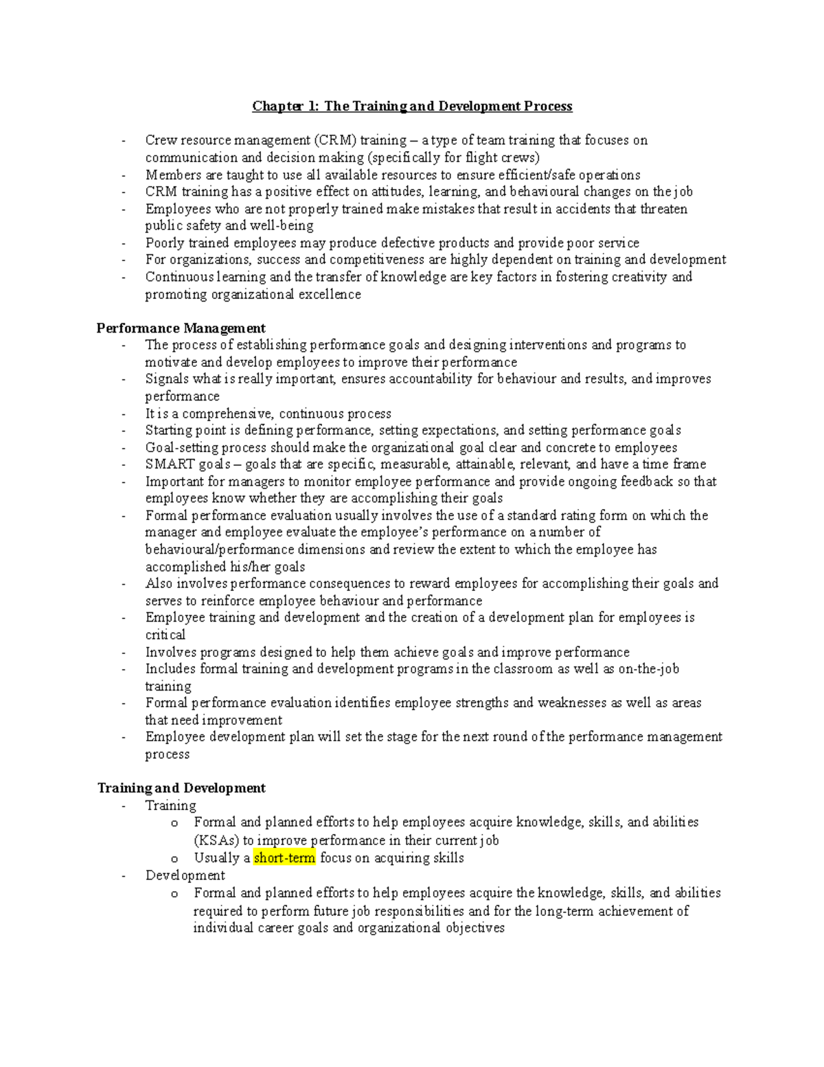 Training & development midterm 1 notes - Chapter 1: The Training and ...