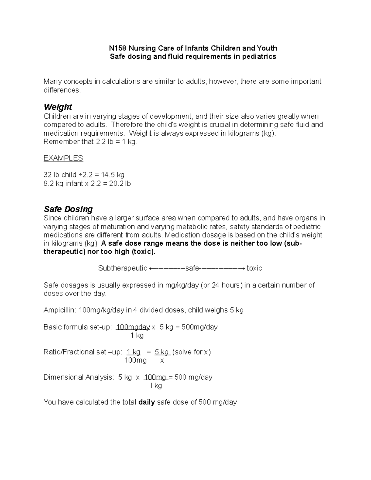 Safe dosage and fluid requirements in pediatrics sp 20202 N158