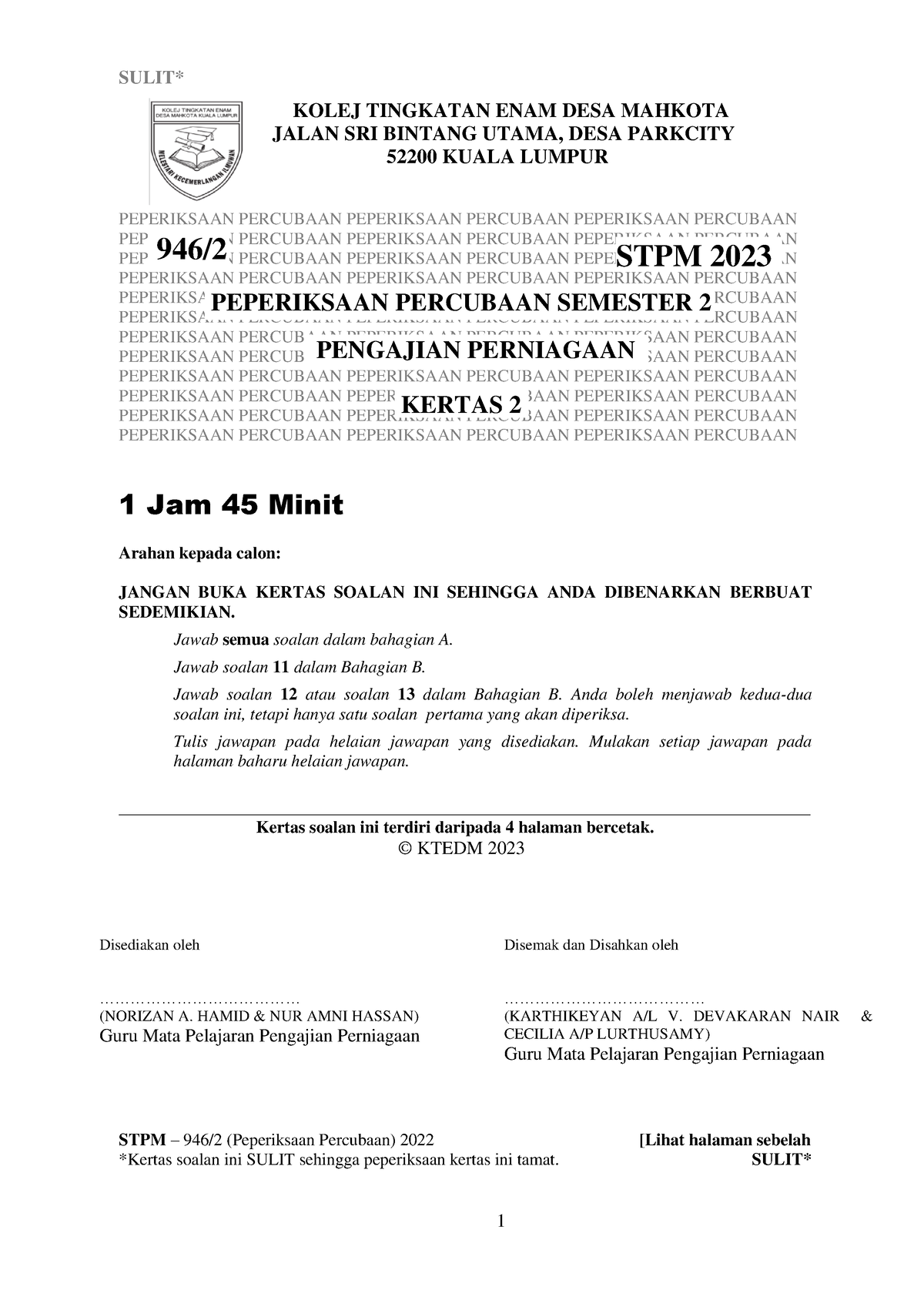 Ktedm Soalan Percubaan S2 2023 - SULIT* PEPERIKSAAN PERCUBAAN ...