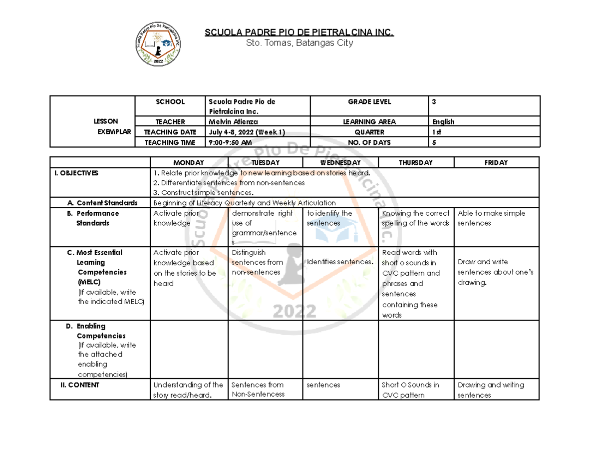 Monthly Lesson Exemplar Grade 3 English Quarter 1 - Sto. Tomas ...