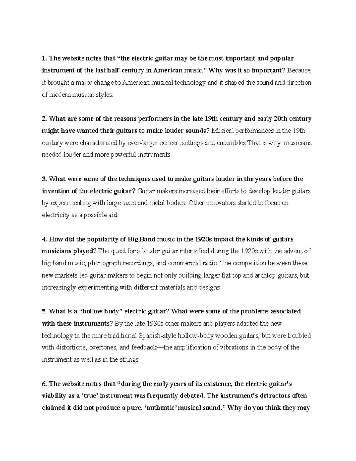 Electric guitars questions. 1. The website notes that “the electric