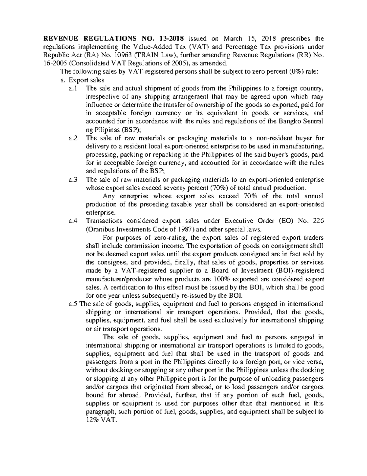 Digest RR 13-2018 - REVENUE REGULATIONS NO. 13-2018 issued on March 15 ...