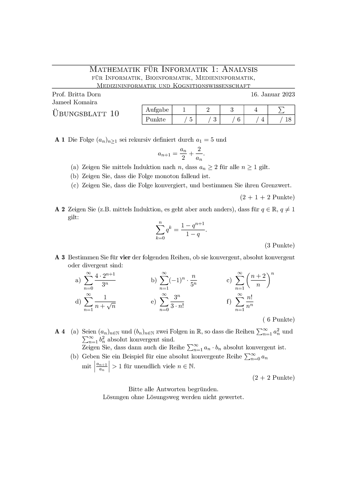 Ue Bungsaufgaben Mathematik F Ur Informatik Analysis F Ur