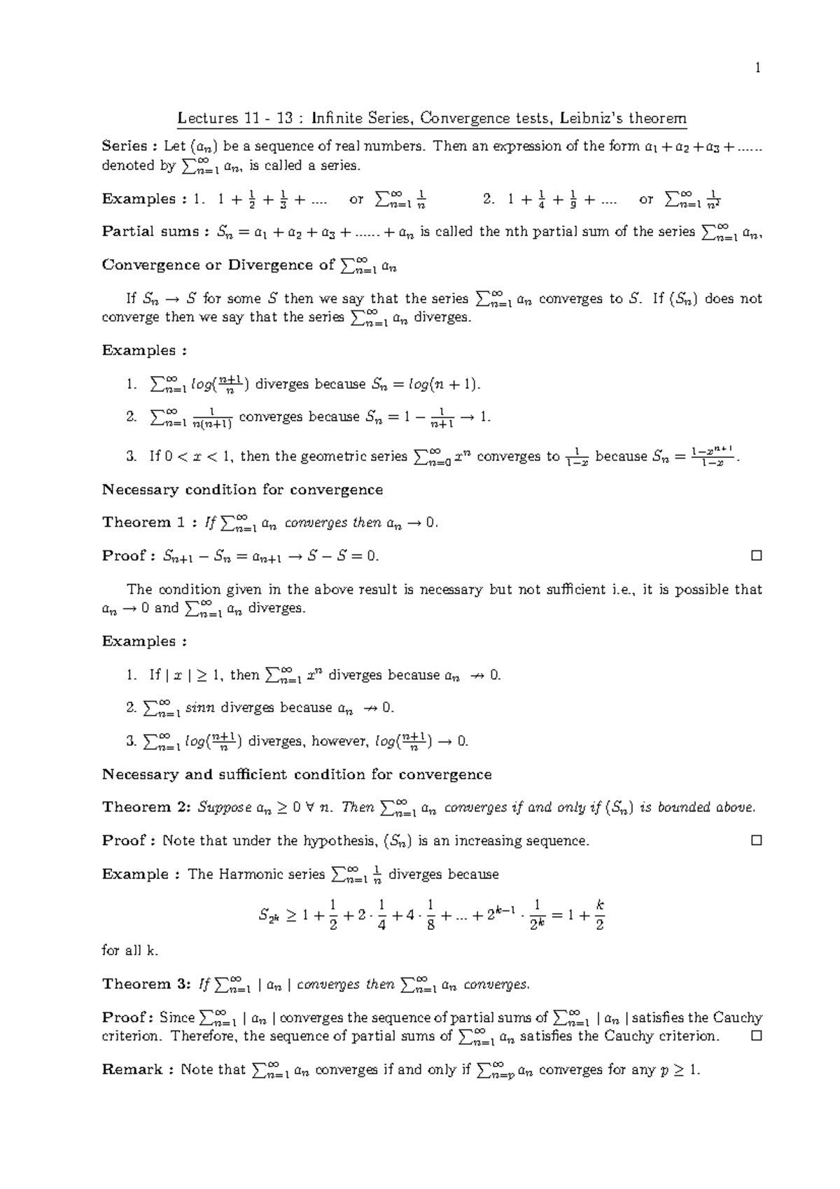 Lecture 11-13 - Lectures 11 - 13 : Infinite Series, Convergence tests ...