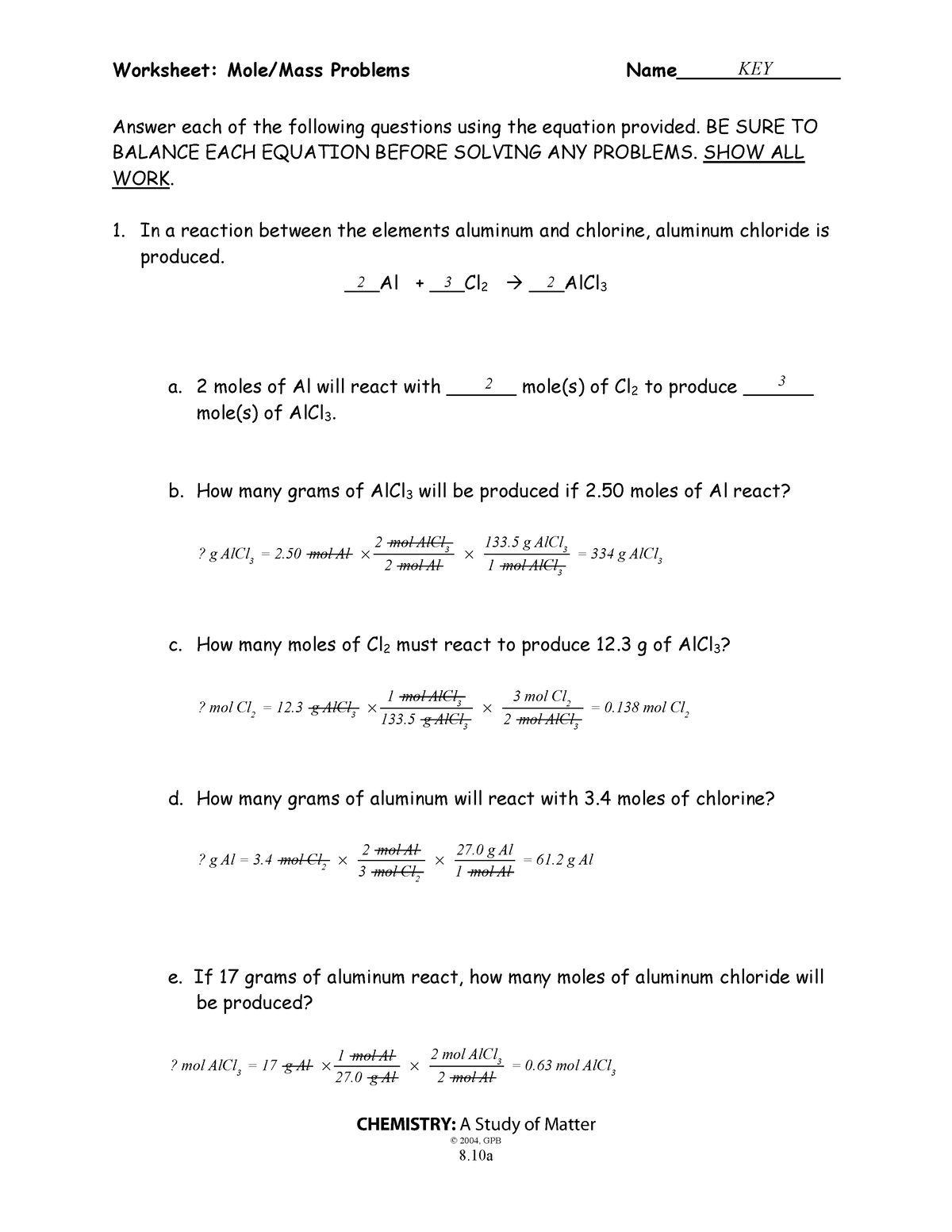 8-10ab mole-mass problems wkst-key - Worksheet: Mole/Mass Problems Name ...