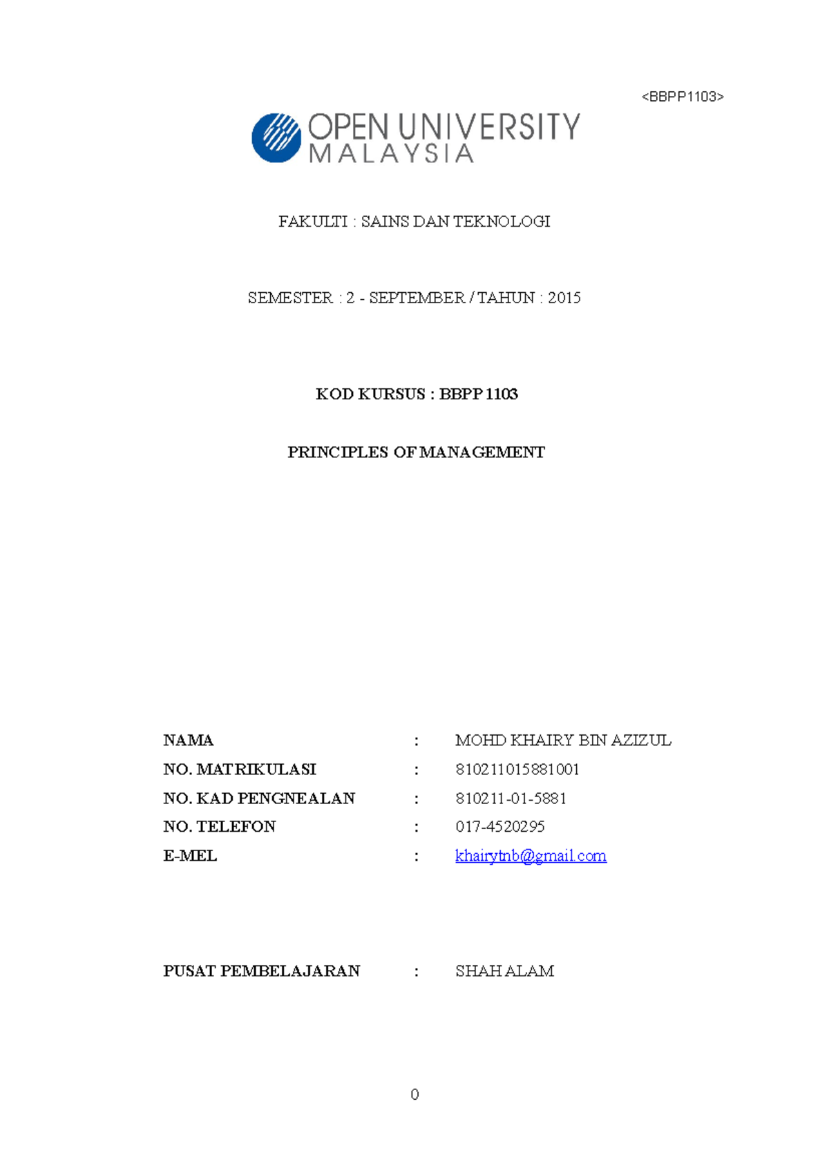 Principle Management OUM Assignment Sept - (TEMPLET TUGASAN - VERSI ...
