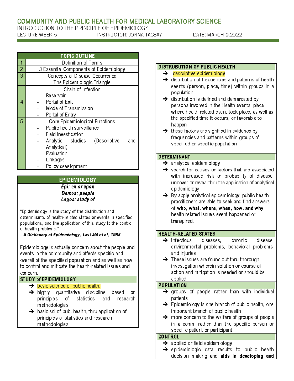 PRE W5 Epidemiology LEC - INTRODUCTION TO THE PRINCIPLE OF EPIDEMIOLOGY ...