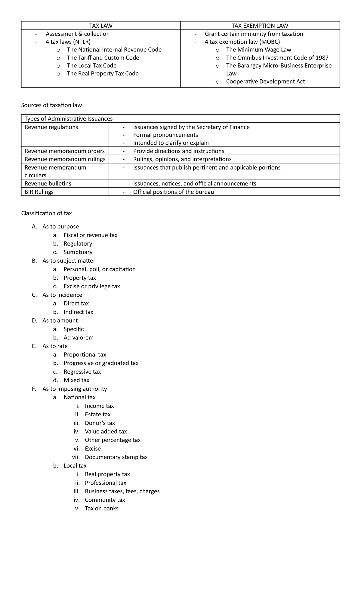 TAX LAW SUMMARY - TAX LAW TAX EXEMPTION LAW Assessment &amp; collection 4 ...