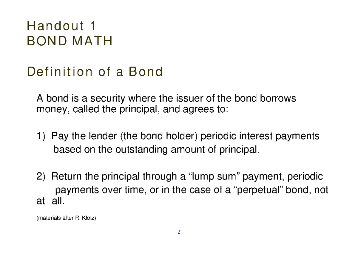 Lec 11 Bond Math - Lecture notes 11 - Handout 1 BOND MATH Definition of ...