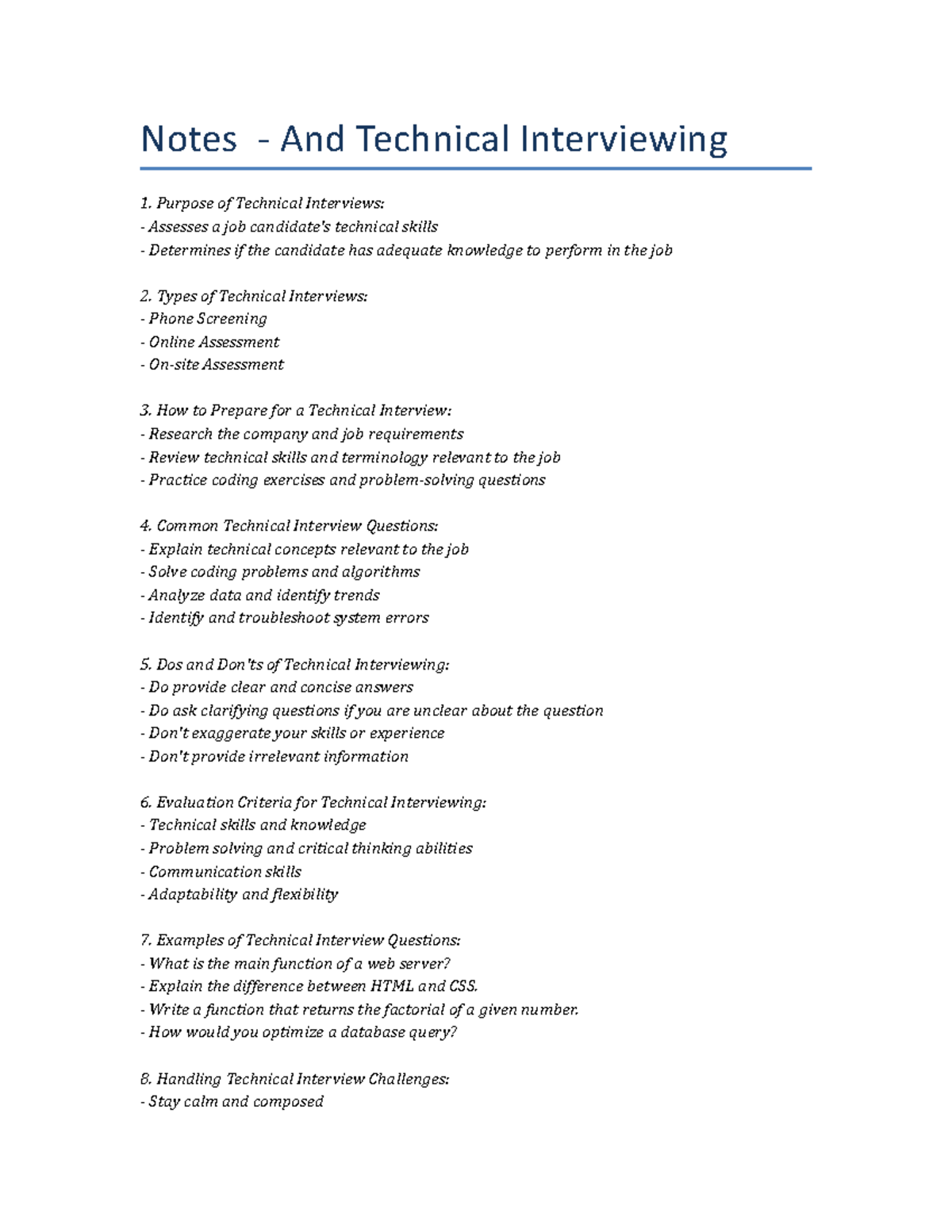 Lecture Notes - Technical Interviewing - Notes - And Technical ...