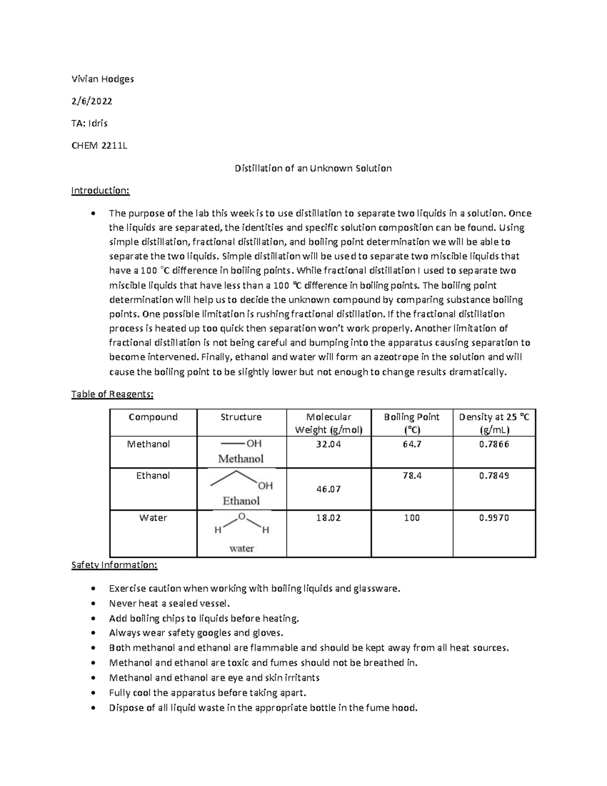 CHEM 2211 Lab Report 2 - Vivian Hodges TA: Idris CHEM 2211L ...