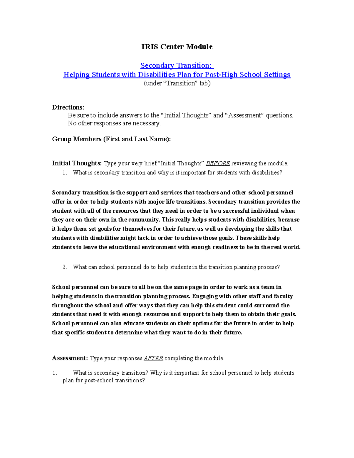 IRIS Center Module Secondary Transition IRIS Center Module Secondary
