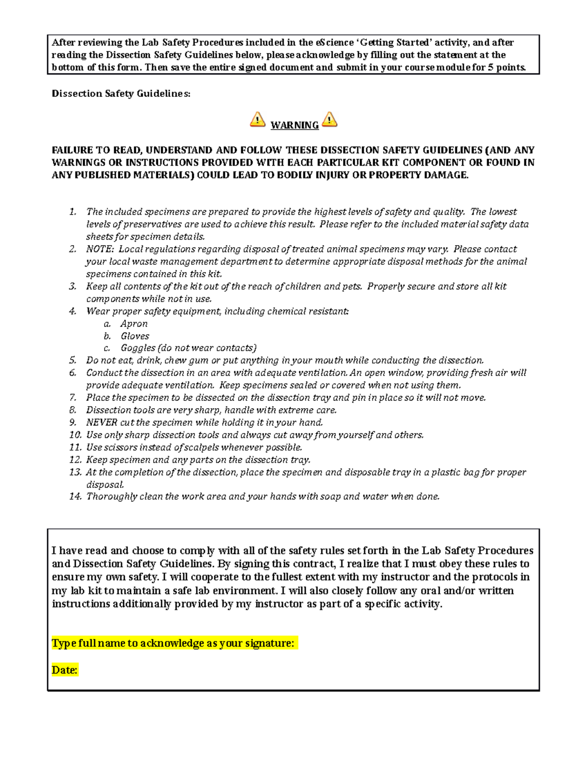 Lab Safety Acknowledgement - After reviewing the Lab Safety Procedures ...