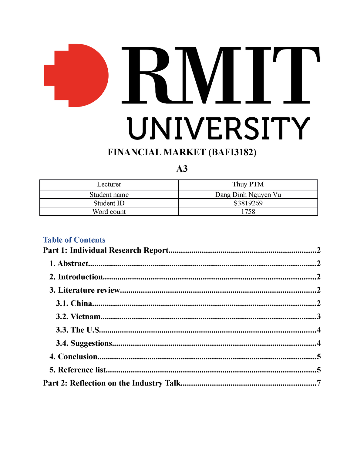 term paper financial market