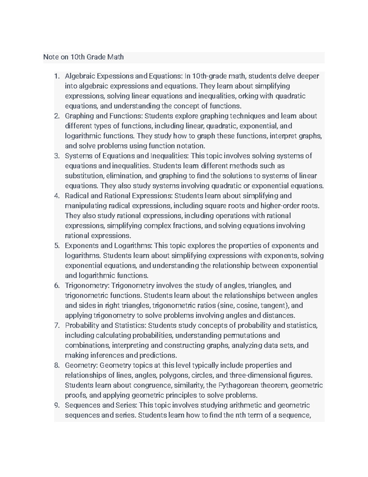 12th grade notes - sdas - Note on 10th Grade Math Algebraic Expessions ...