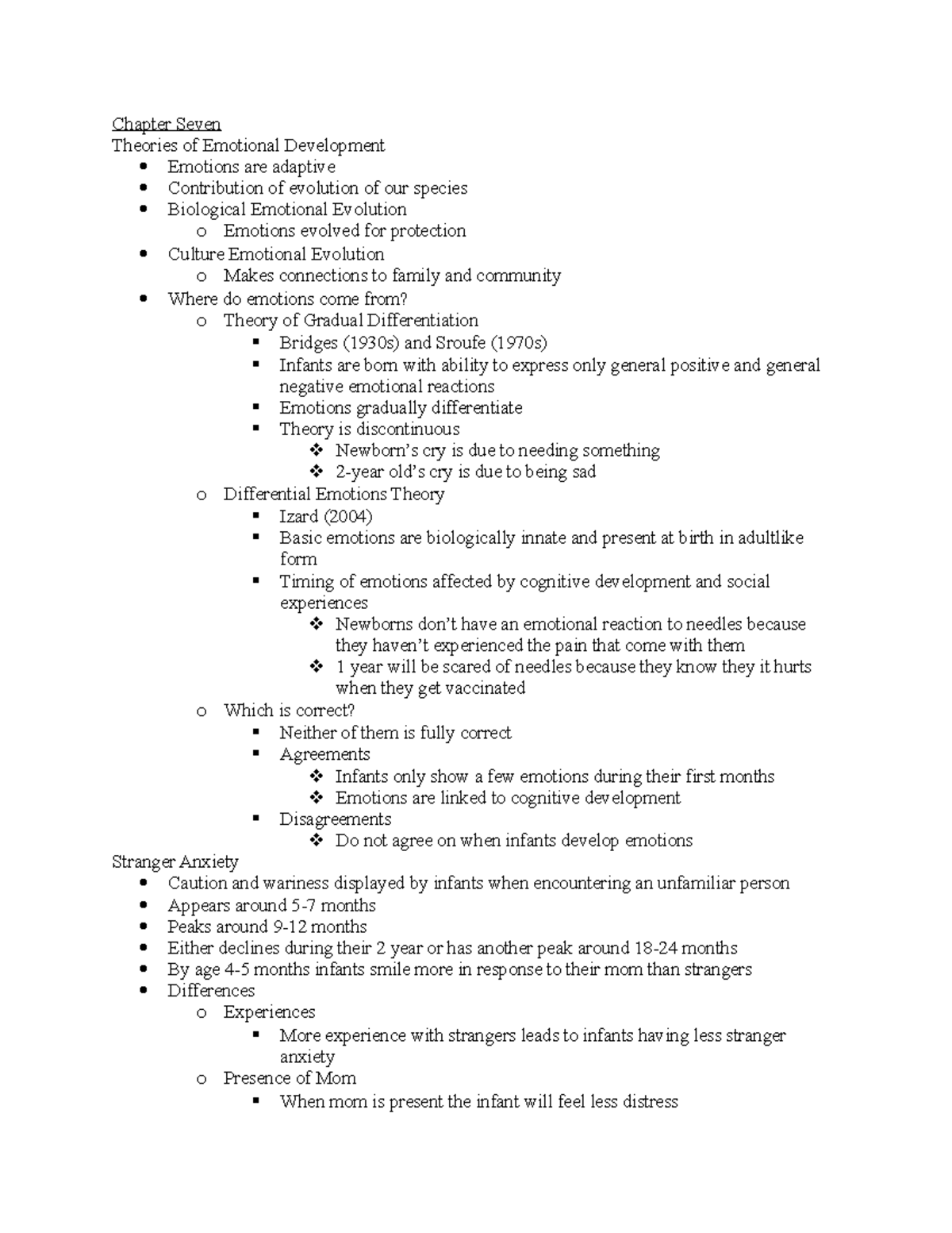 Chapter 7 Notes - Chapter Seven Theories of Emotional Development ...