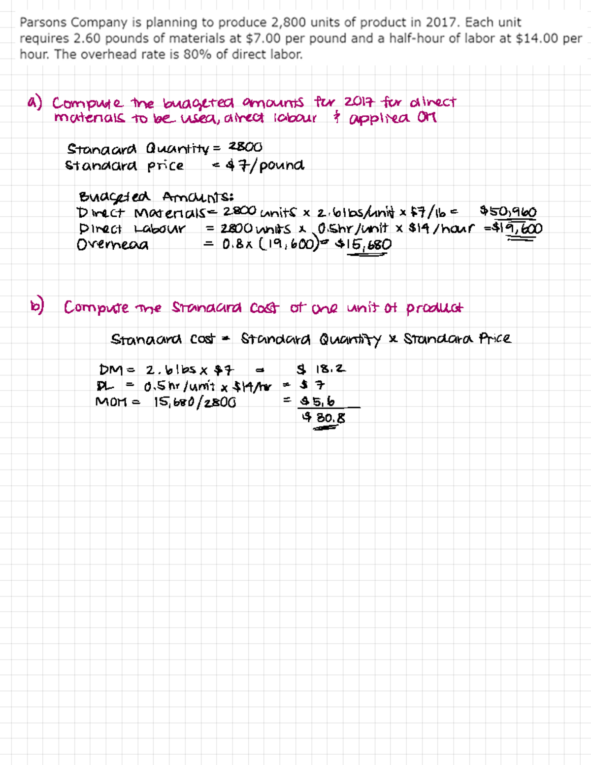 Ch 12 In Class Review Standard Cost And Balanced Scorecard a) compute