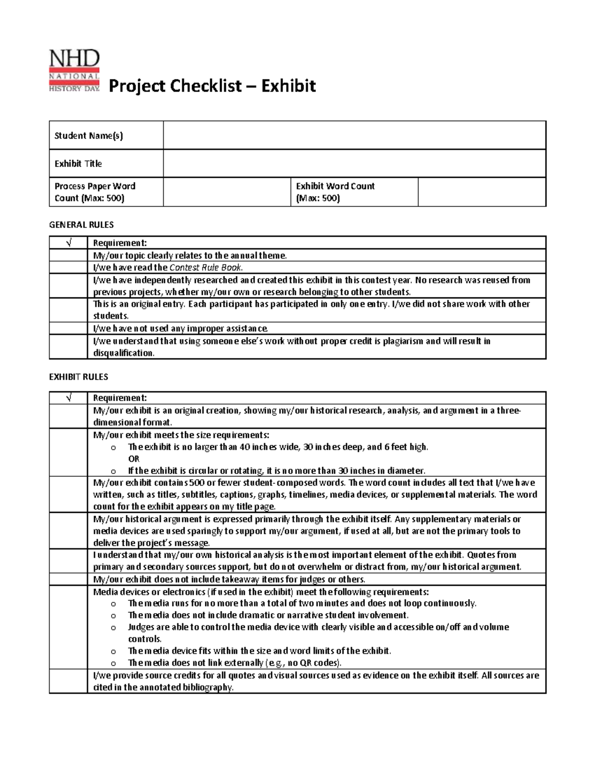 NHD Project Checklist 2021 Exhibit - Project Checklist – Exhibit ...