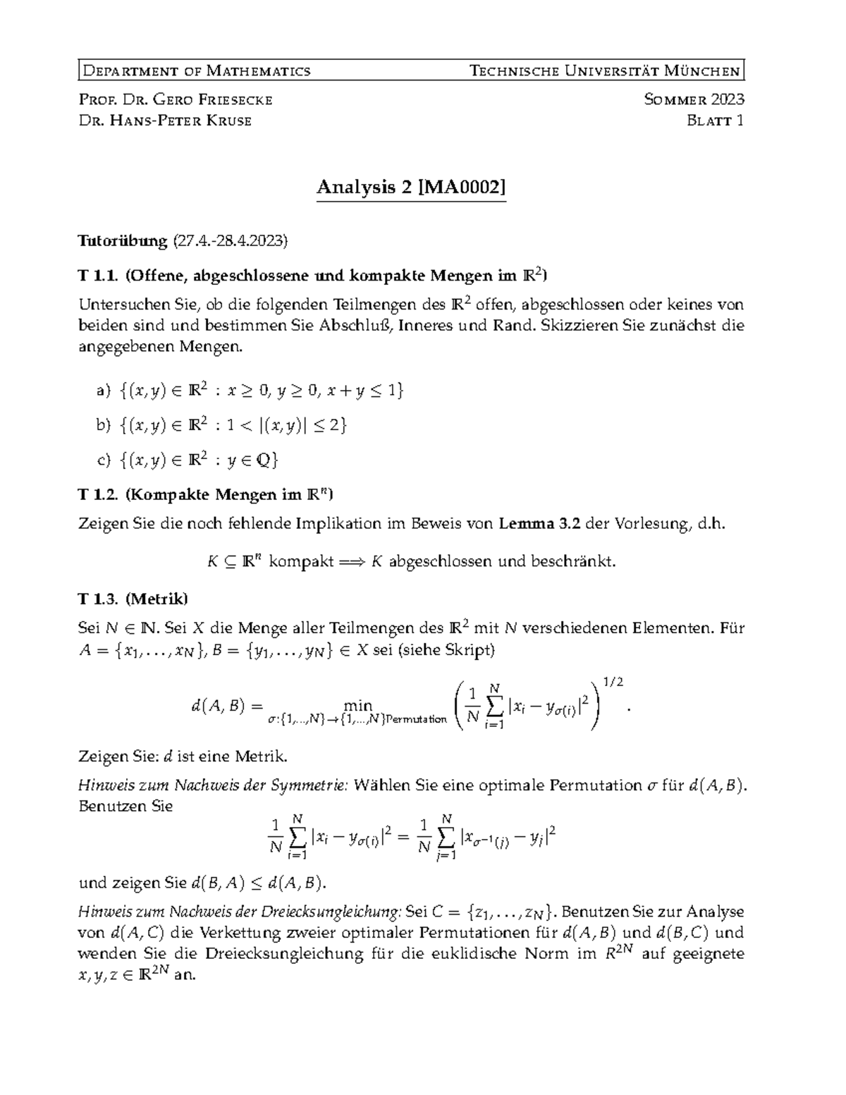 Blatt 01 Analysis 2 - Analysis 2 - TUM - Studocu