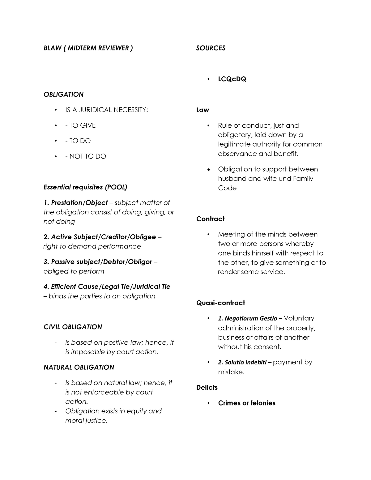 BLAW ( Midterm Reviewer ) - BLAW ( MIDTERM REVIEWER ) OBLIGATION • IS A ...