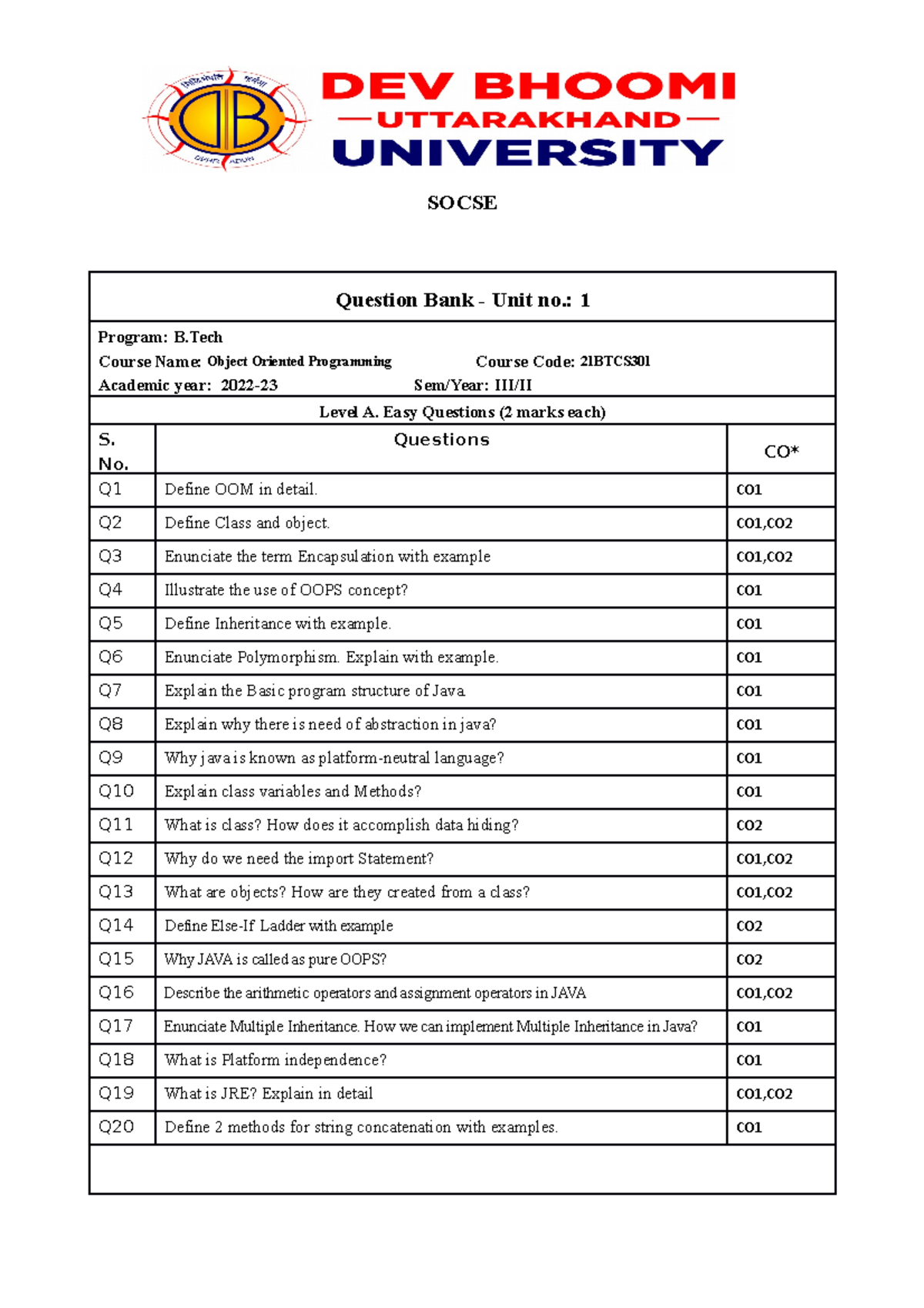 Question Bank OOPS Btech 3rd Sem - SOCSE Question Bank - Unit No.: 1 ...