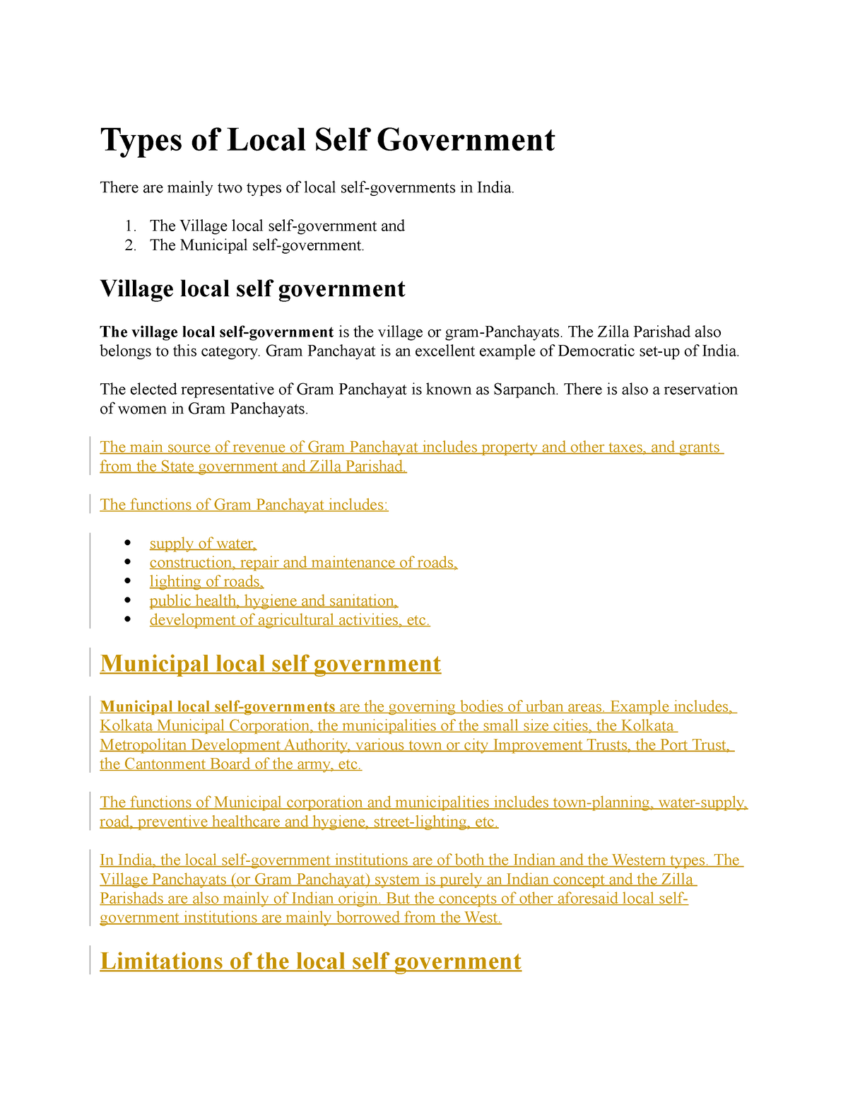 essay on local self government