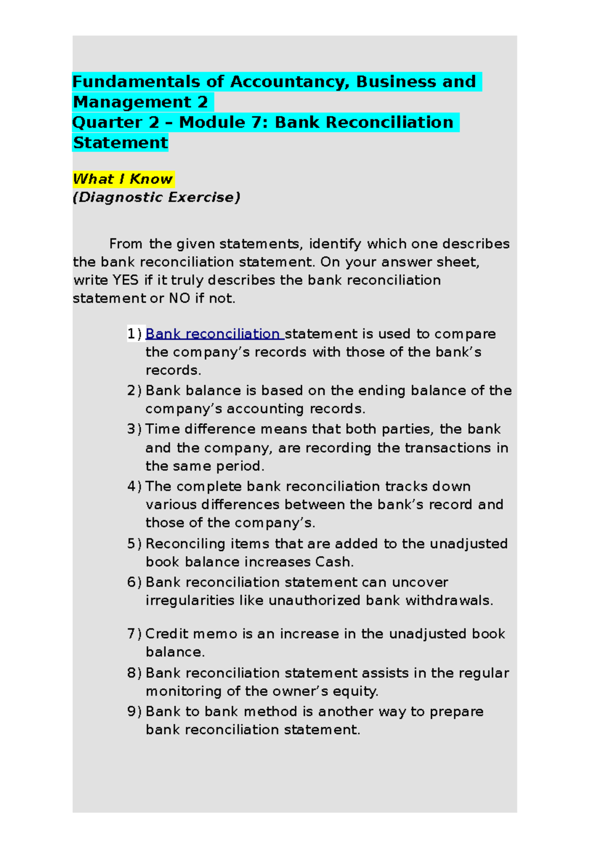 FABM Quarter 2 – Module A- Bank Reconciliation Statement - Fundamentals ...