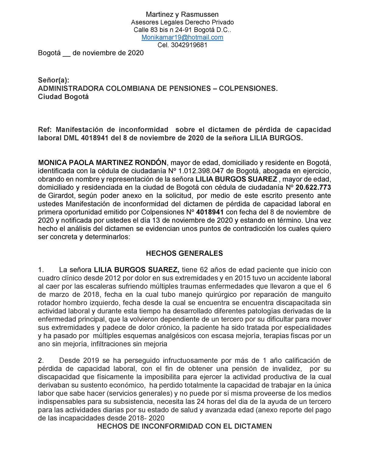 Manifestacion DE Inconformidad colpensiones 30 nov lilia burgos - Asesores  Legales Derecho Privado - Studocu