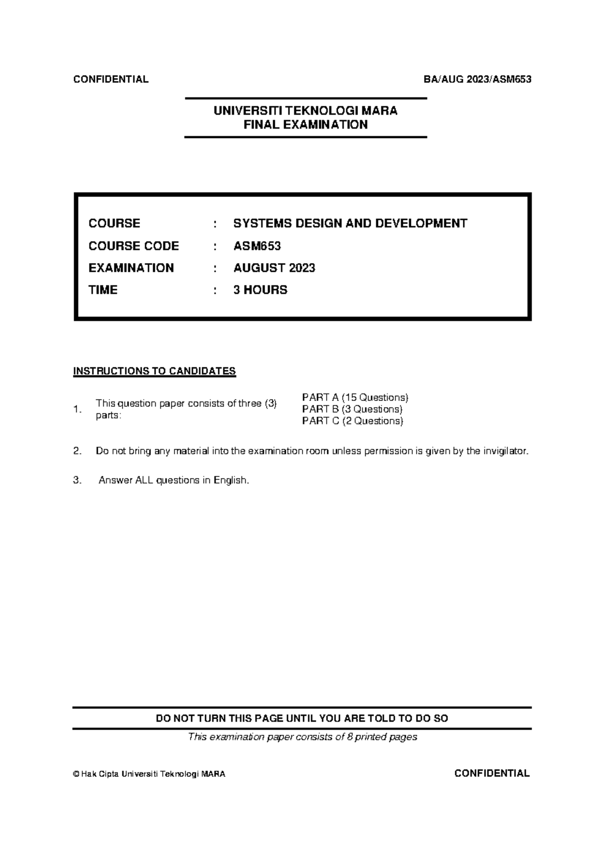 Asm653 Aug 2023 For Reference Universiti Teknologi Mara Final Examination Course Systems 3010