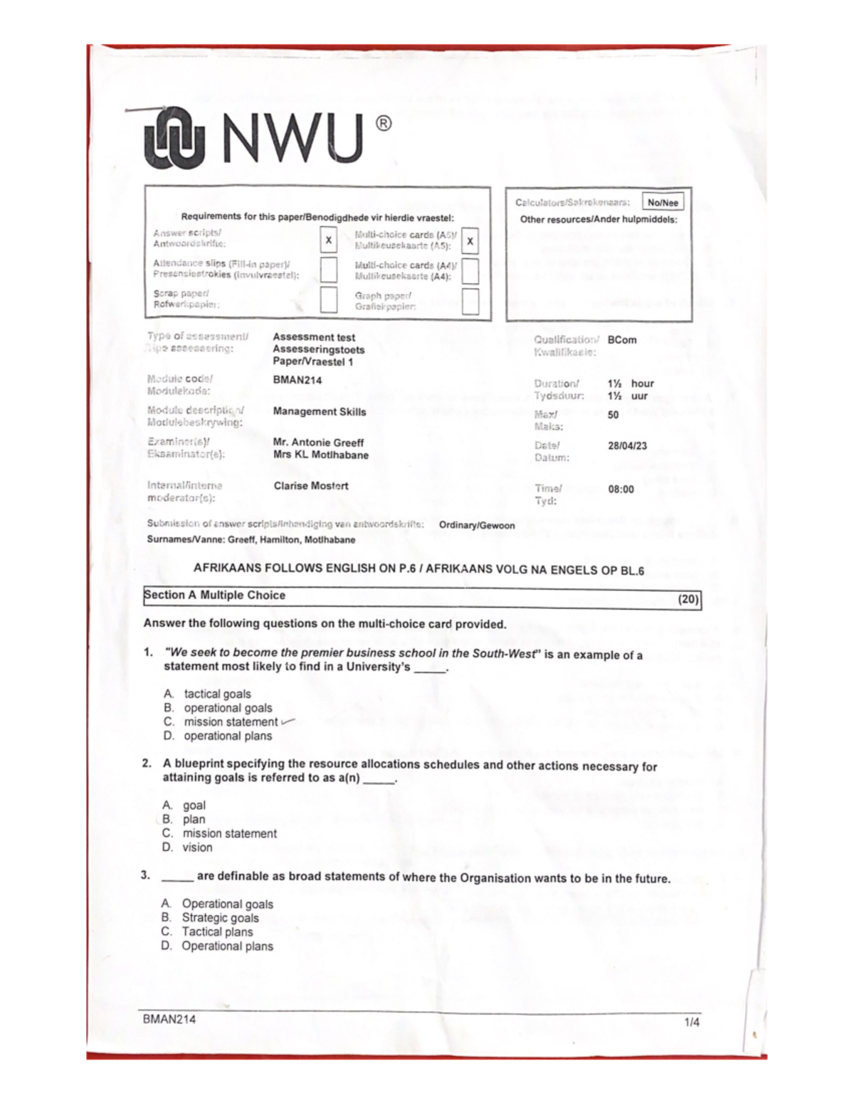 Bman 214 Past Paper Semester Test - LU NWU R Requirements for this vir ...