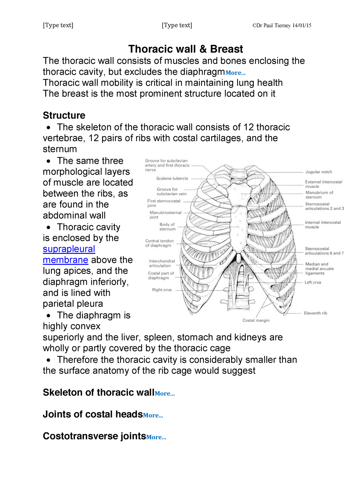 Anatomy: Thoracic Wall - [Type text] [Type text] ©Dr Paul Tierney 14/01 ...