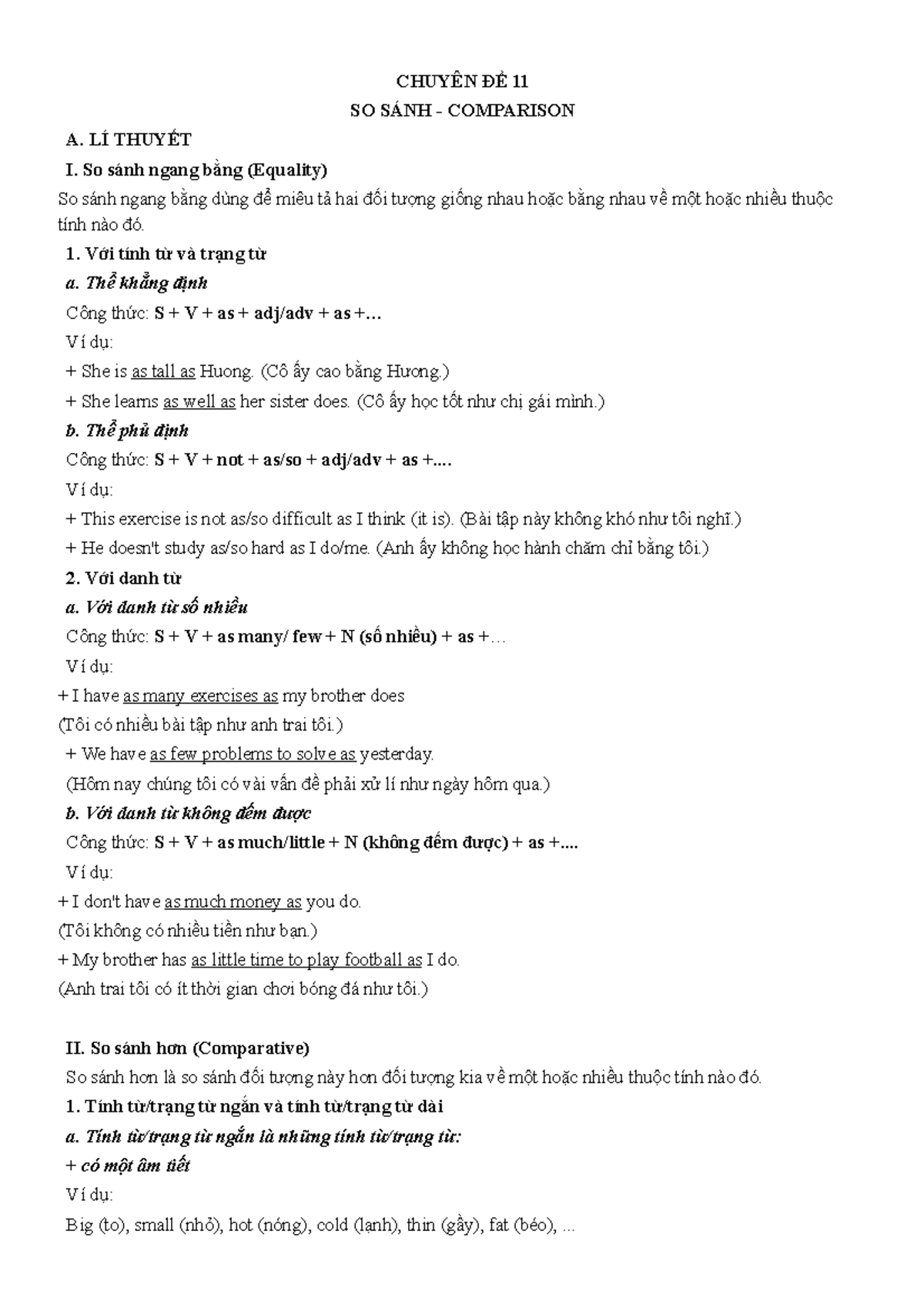 3.2.Lesson 2.1 Comparison - A. LÍ THUYẾT I. So sánh ngang bằng (Equality) CHUYÊN ĐỀ 11 SO SÁNH - - Studocu