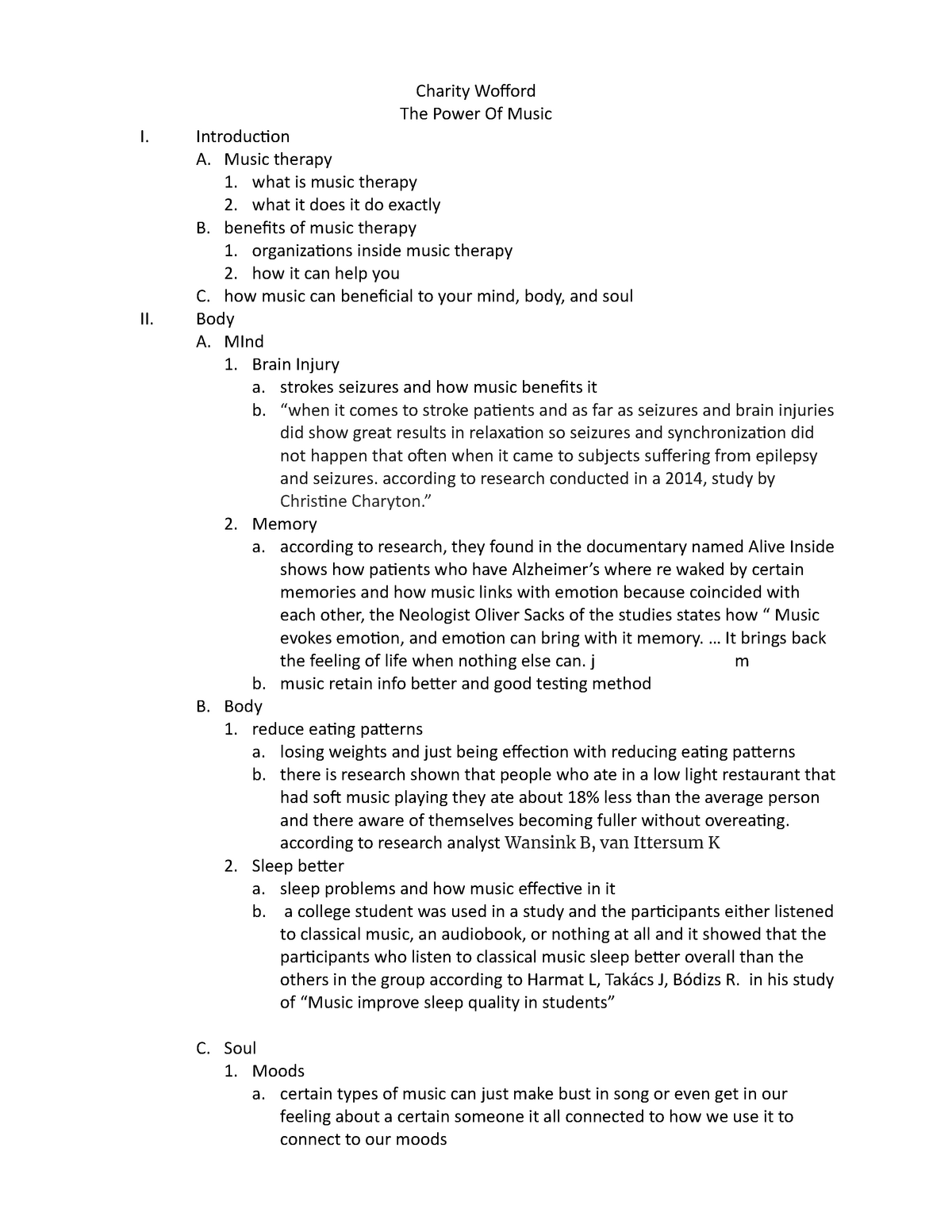 Sample Speech Outline (2) - Charity Wofford The Power Of Music I ...