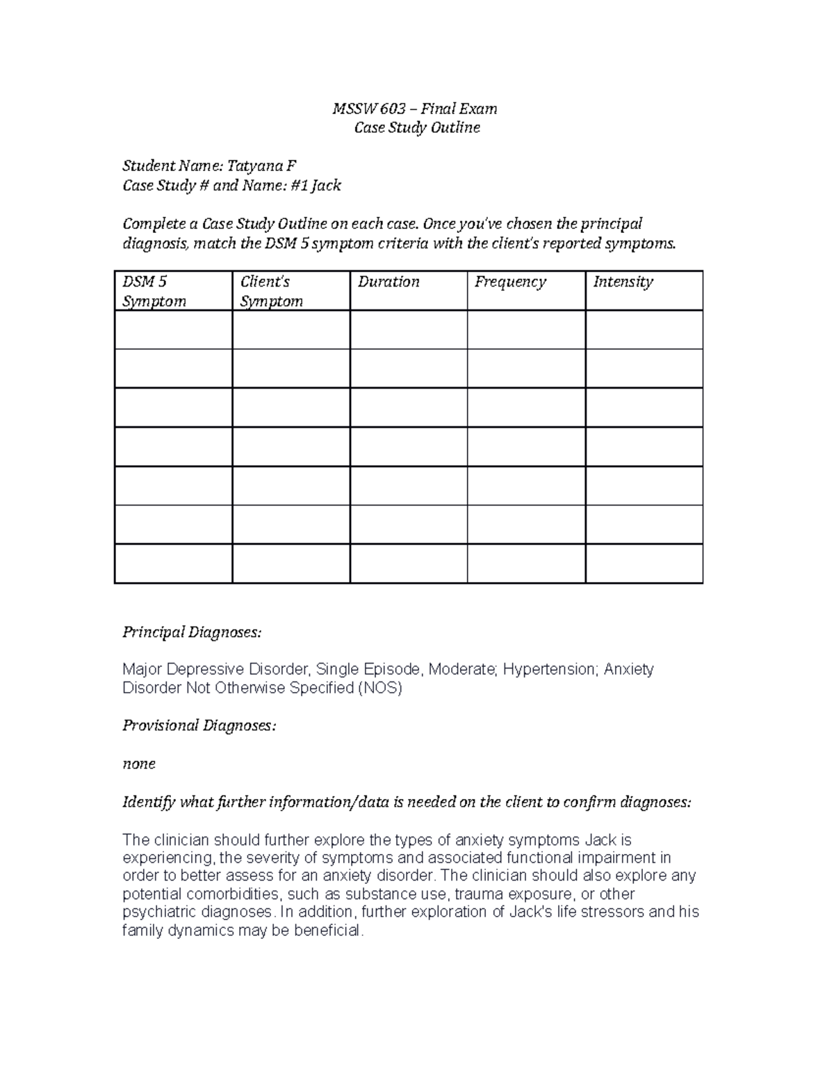 MSSW 603 case study #1 Jack - MSSW 603 – Final Exam Case Study Outline ...