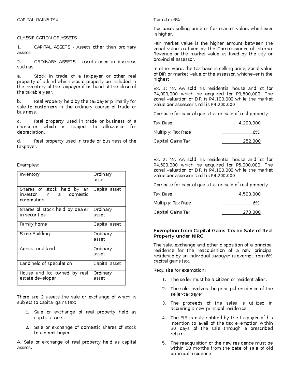 Capital Gains TAX - CGT - CAPITAL GAINS TAX CLASSIFICATION OF ASSETS 1 ...