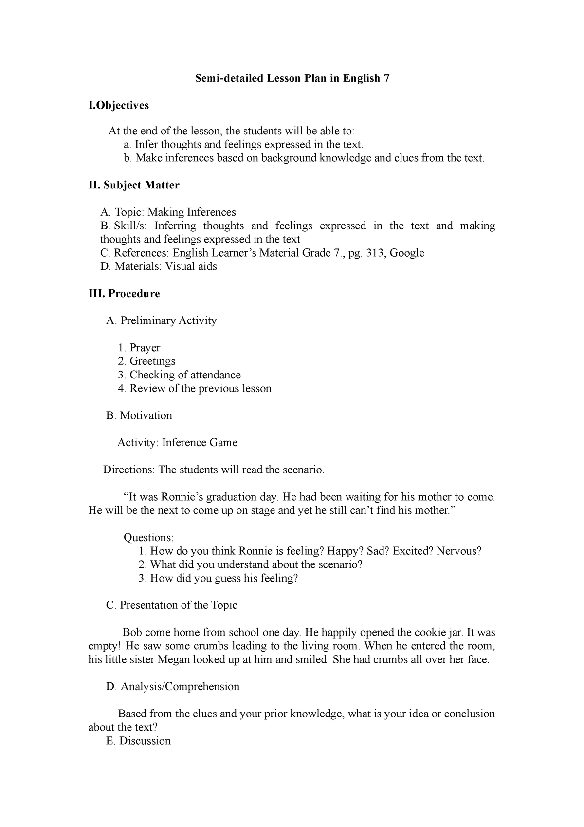 Semi Detailed Lesson Plan English 7 Making Inferences Semi Detailed Lesson Plan In English 7 I 0890