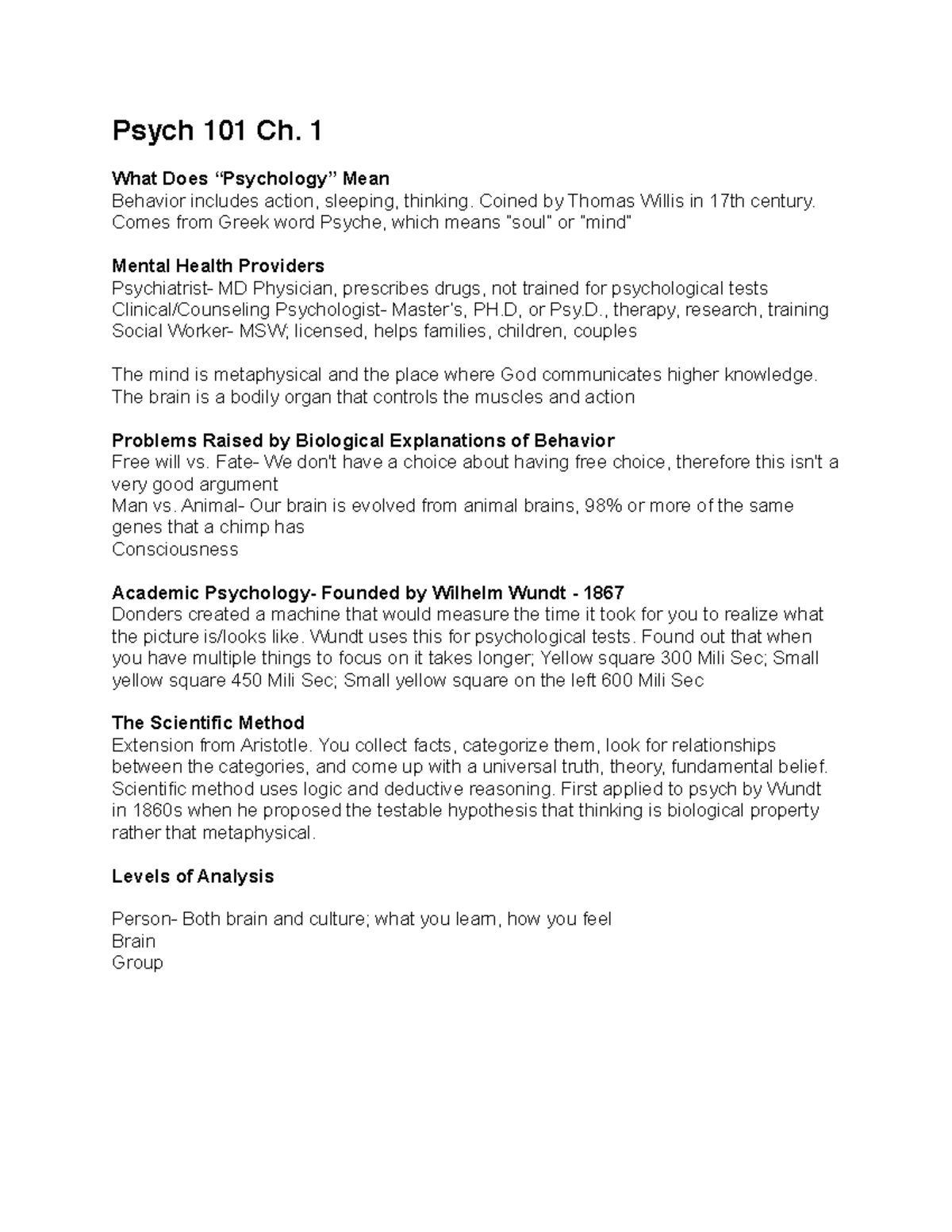 Psych 101 Lecture Notes Ch. 1 Psych 101 Ch. 1 What Does Mean Behavior