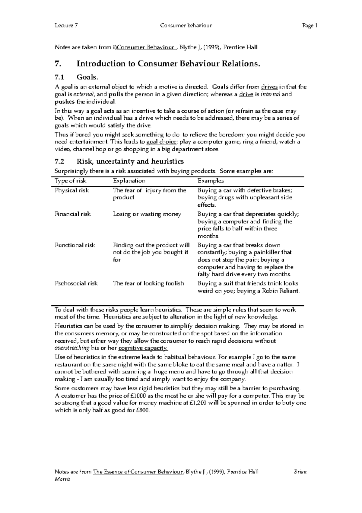 LEC-07 Consumr Behaviour - Lecture 7 Consumer behaviour Page 1 Notes ...
