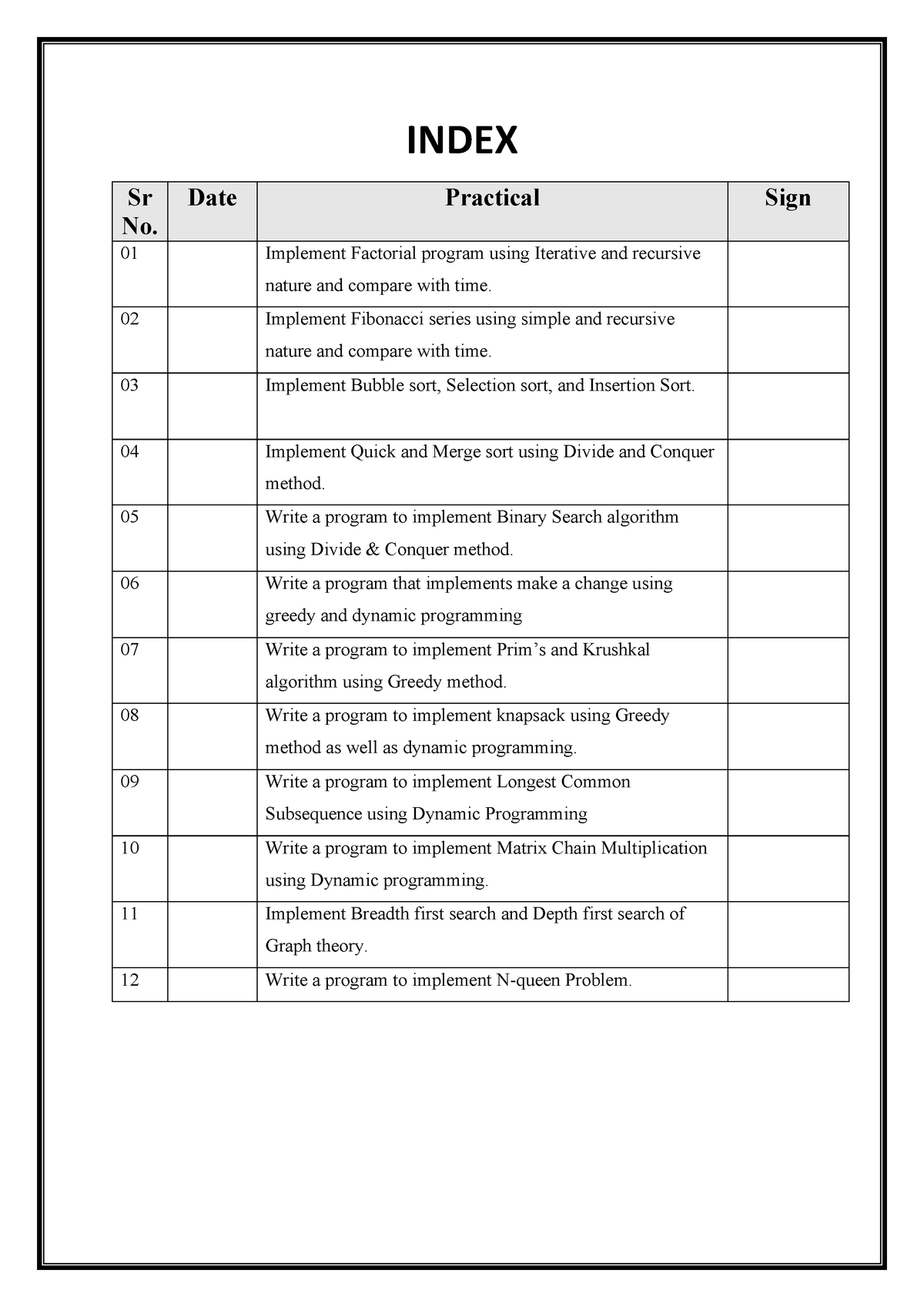 Index - this is assignment - INDEX Sr No. Date Practical Sign 01 ...