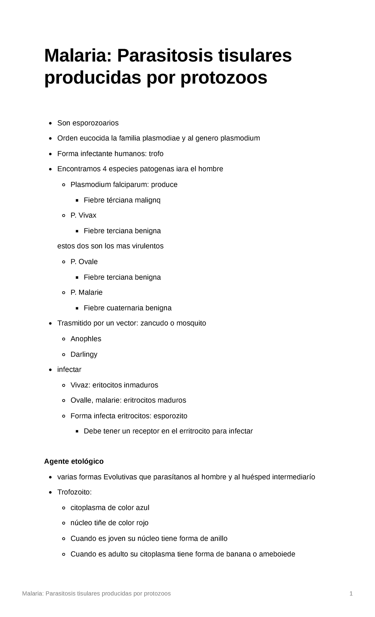 Malaria Parasitosis tisulares producidas por protozoos - Malaria ...