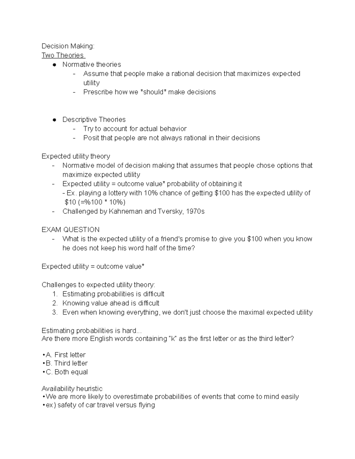 Session 15 Decision Making - Decision Making: Two Theories Normative ...