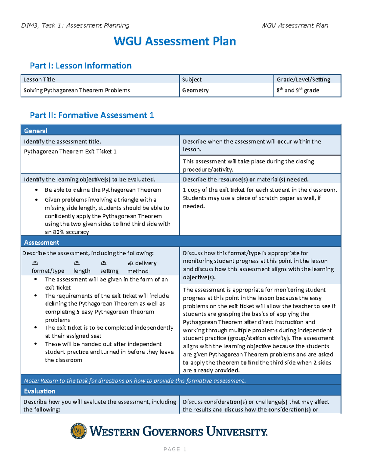 D093 Task 1 Assessment Plan WGU Assessment Plan Part I Lesson