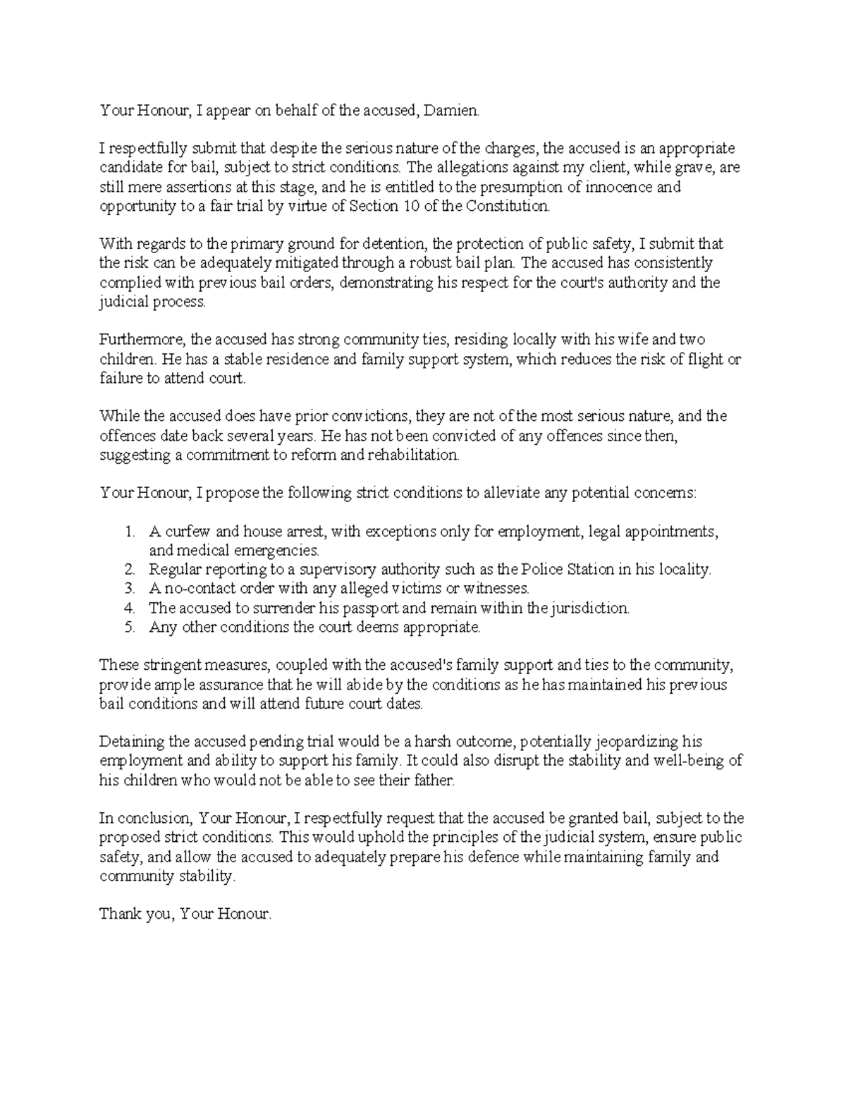 Bail Submission for Case Study Nov 2023 - Your Honour, I appear on ...