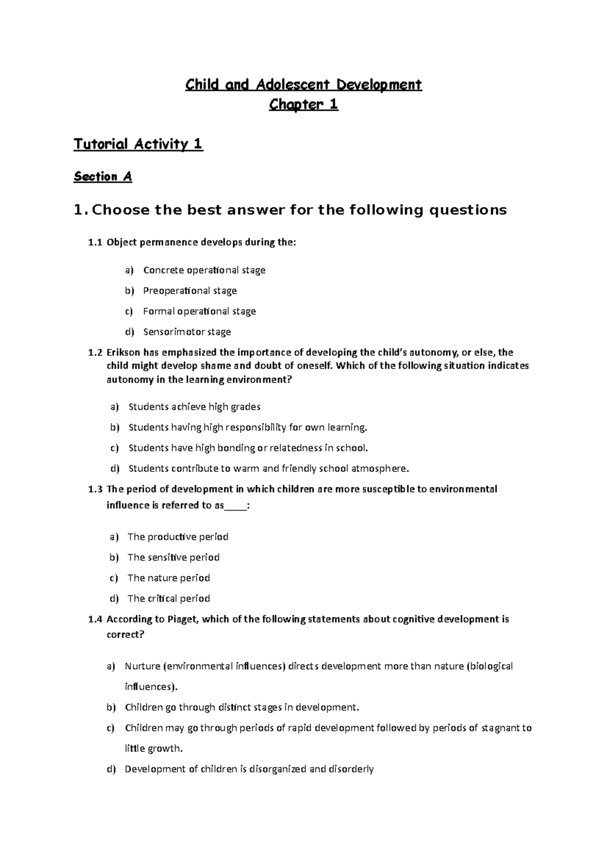 CAD - Chapter 1 (Tutorial Activity) - Child And Adolescent Development ...