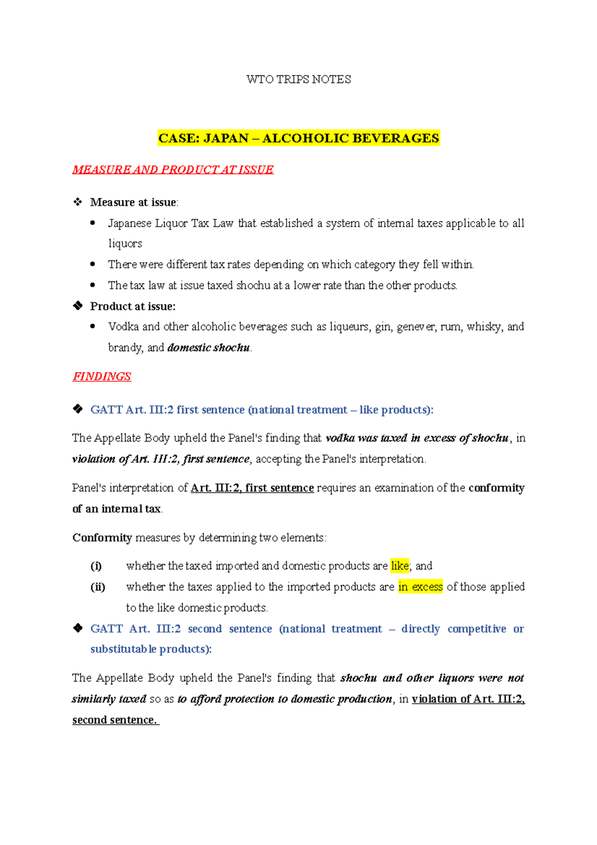 WTO Trips Notes WTO TRIPS NOTES CASE JAPAN ALCOHOLIC BEVERAGES