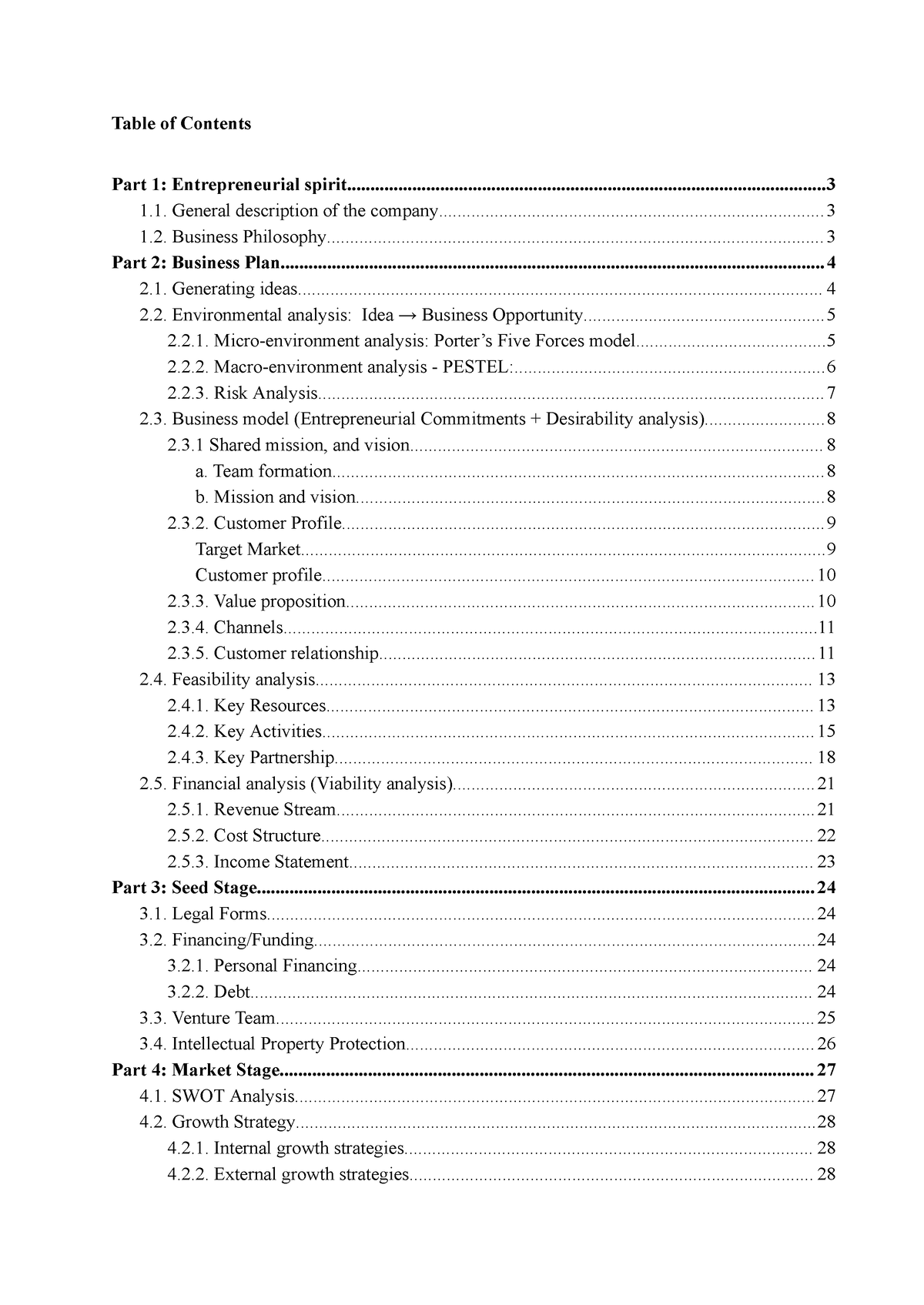 Leadership and Entrepreneurship Final Project - Table of Contents Part ...