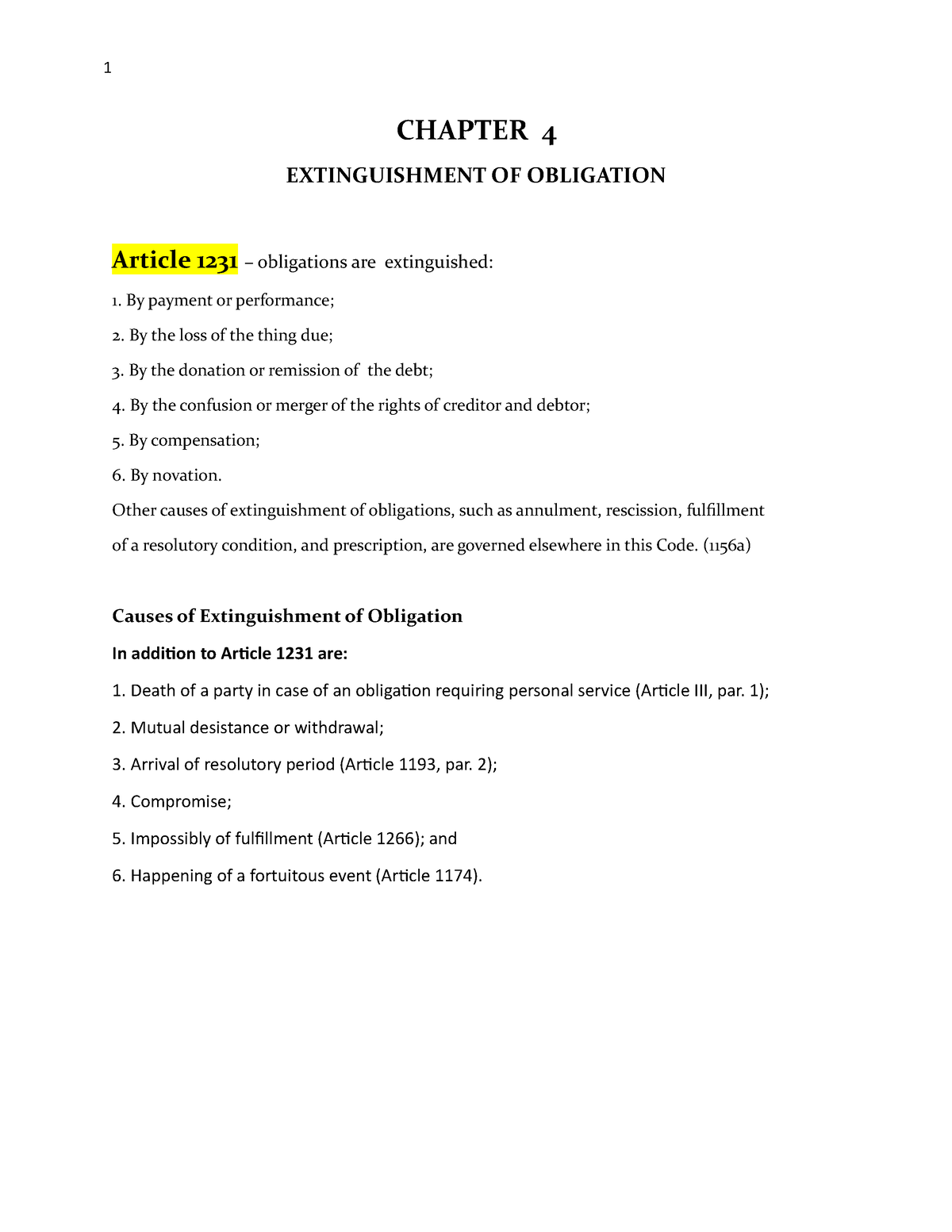 Group 4 Oblicon Written Report - CHAPTER 4 EXTINGUISHMENT OF OBLIGATION ...