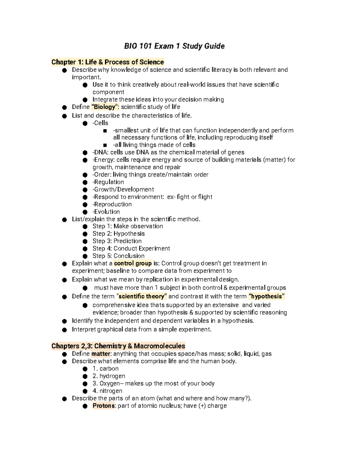 BIO 101 Exam 1 Study Guide BIO 101 Exam 1 Study Guide Chapter 1 Life BIO 101 Exam 1 Study Guide BIO 101 Exam 1 Study Guide Chapter 1 Life