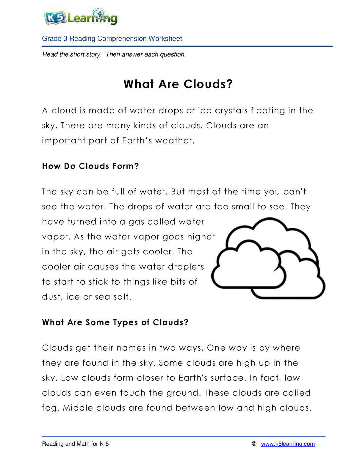3rd grade 3 reading what are clouds - Read the short story. Then answer ...