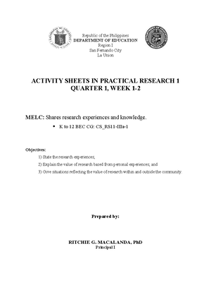 Practical Research 1 Q1 MELC- AS P2 - ####### Republic of the ...